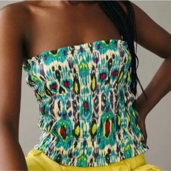 By Anthropologie Multicolored Ikat Print Smocked Strapless Tube Top Size XL - Picture 1 of 8
